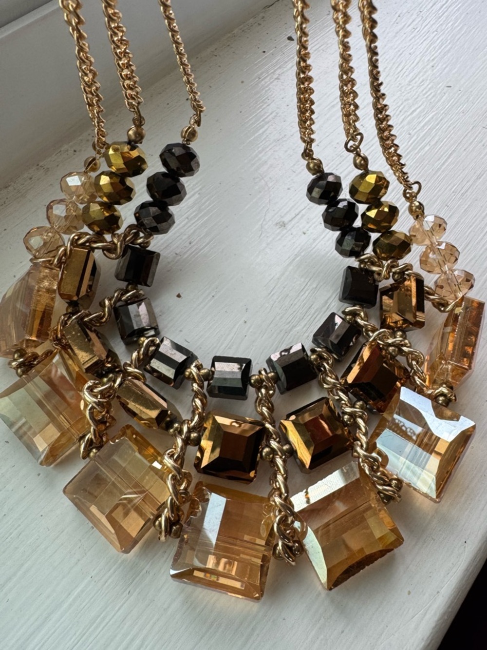 Gold-Tone Crystal Pendant Necklace with Beveled Bead Accents